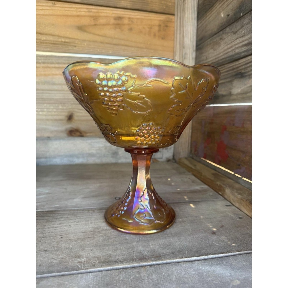 Vintage Indiana Carnival Glass Marigold Pedestal Fruit‎ Bowl Harvest Grape